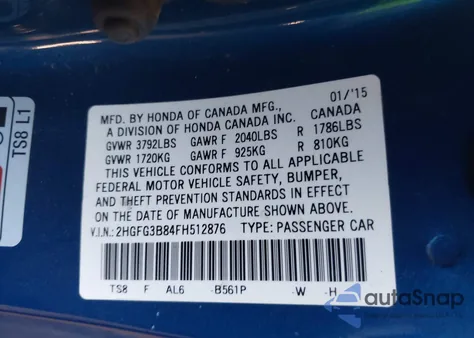 2015 Honda Civic Ex из США, поврежденный, VIN 2HGFG3B84FH512876